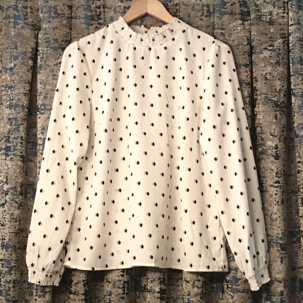 Vintage 70s Retro Mod Diamond Print Mock Neck Journalist Blouse - L